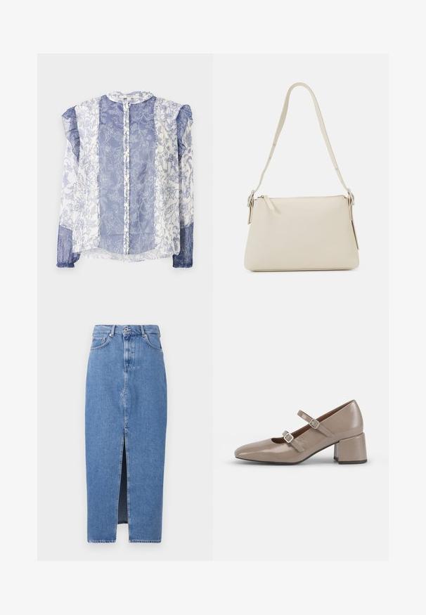 Blaue und weiße Bluse mit Blumenmuster, aus durchscheinendem Stoff, mit Knopfleiste, Rüschensäumen, runder Ausschnitt und strukturiert mit aufwendigen Details.; Hellblaues Denim-Midi-Rock mit einem vorderen Schlitz, klassischem Fünf-Taschen-Design und einem oberen Knopfverschluss. Der Stoff hat eine leichte Textur.; Beige Lackleder-Mary-Jane-Schuh mit spitzem Zehenbereich, zwei verstellbaren Riemen und einem klobigen, quadratischen Absatz. Glatte Textur und minimale Hardware.; Beige Schultertasche aus glattem Leder mit Reißverschluss. Hat ein einfaches Design, einen schmalen Schultergurt und Metallakzente.