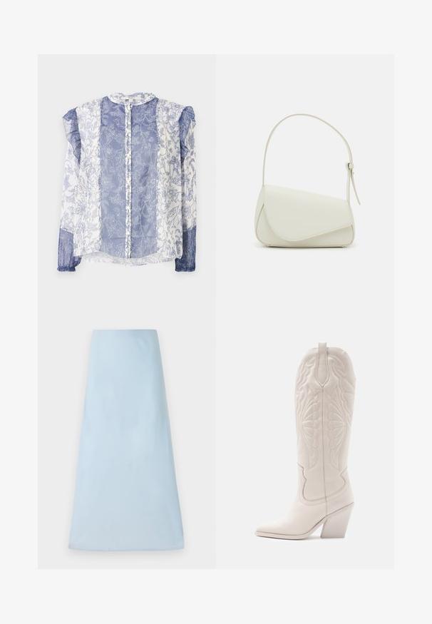 Blauw en wit met bloemenpatroon blouse, doorschijnende stof, knopen aan de voorkant, gerimpelde mouwen, ronde halslijn, textuur met ingewikkelde details.; Lichtblauwe A-lijn rok van een soepele stof, met een strak design zonder zichtbare patronen of accenten, die tot halverwege de benen reikt.; Witte leren cowboylaars met een spitse neus en een vierkante hak. Heeft ingewikkelde stikpatronen op de schacht en een soepele textuur.; Witte nepleren handtas met een gestructureerde driehoekige vorm, een enkele verstelbare schouderriem en een klep met ronde accenten.