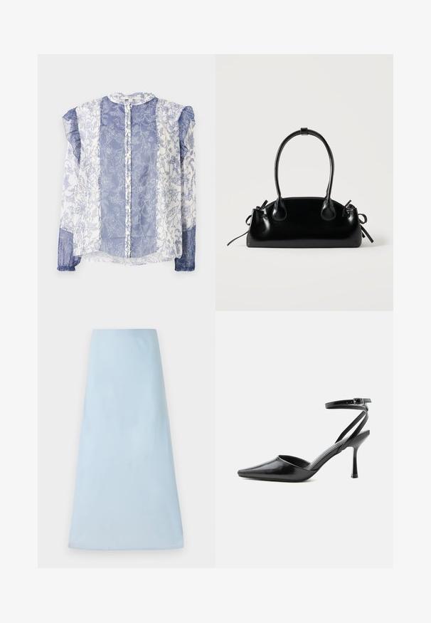 Blaue und weiße Bluse mit Blumenmuster, aus durchscheinendem Stoff, mit Knopfleiste, Rüschensäumen, runder Ausschnitt und strukturiert mit aufwendigen Details.; Helles blaues A-Linien-Rock aus einem glatten Stoff, mit einem schlichten Design ohne sichtbare Muster oder Akzente, in mittellanger Länge.; Schwarzer spitzer High Heel mit dünnen Knöchelriemen und silberner Schnalle auf einfachem hellem Hintergrund.; Kleine schwarze glänzende Handtasche mit zwei langen Griffen und seitlichen Kordelzug-Details vor einfachem hellem Hintergrund.