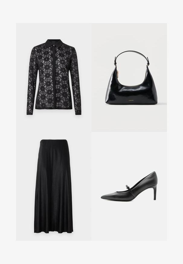 Blouse en dentelle noire avec un col chemise, des manches longues, un motif floral et des boutons sur le devant. Tissu texturé et semi-transparent.; Jupe noire, longue jusqu'au sol, fabriquée dans un tissu lisse et léger. Présente un design simple et sans couture avec une taille élastique.; Escarpin noir en cuir à bout pointu avec une fine bride et une boucle sur le cou-de-pied, posé sur un fond clair neutre.; Sac à main Calvin Klein noir brillant avec fermeture éclair dorée et anse courte sur fond blanc uni.
