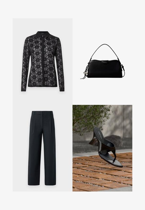 Blouse en dentelle noire avec un col chemise, des manches longues, un motif floral et des boutons sur le devant. Tissu texturé et semi-transparent.; Pantalon noir ajusté avec une coupe droite, présentant des plis avant, une texture lisse et des passants de ceinture. Pas de poches visibles.; Sandale à talon noire Calvin Klein en forme de tongs flottant au-dessus d'une surface extérieure carrelée avec de la verdure et un mur en béton en arrière-plan.; Sac à main rectangulaire noir Calvin Klein avec une seule sangle supérieure, un charm logo argenté et une petite fermeture à rabat sur le devant.