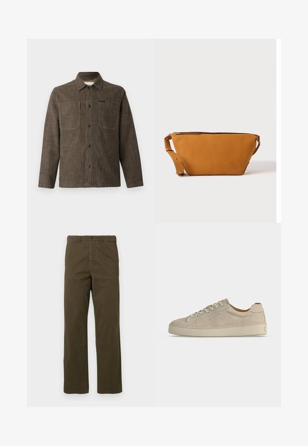 CLOSED WORKER SHIRT - Chemise - rock beige; Pantalons en coton marron pour hommes, coupe droite, avec passants de ceinture, bouton frontal et fermeture éclair sur fond clair.; Baskets basses beiges en daim avec fermeture lacée et semelle épaisse en caoutchouc, vues de profil sur fond blanc uni.; Sac bandoulière en cuir marron clair avec sangle réglable et fermeture éclair, présenté sur un fond clair uni.