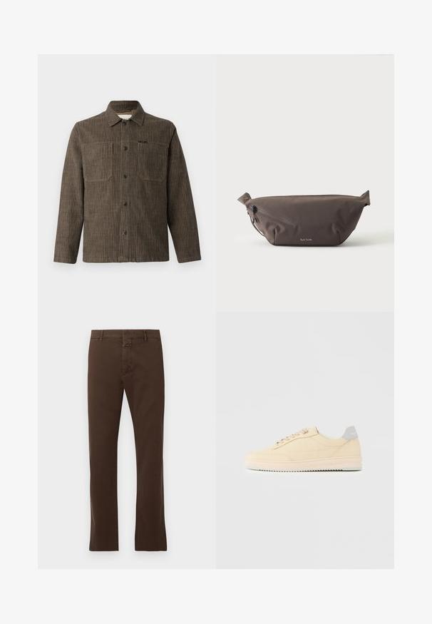 CLOSED WORKER SHIRT - Košeľa - rock beige; CLOSED CLIFTON TRUE - Nohavice chinos - espresso brown; Béžová teniska s nízkym strihom, s predným zaväzovaním na šnúrky, svetloružovou podrážkou a sivým pätovým pásikom s logom „Filling Pieces“, zobrazená z profilu na jednoduchom pozadí.; Tmavohnedá látková ľadvinka s diagonálnym zipsovým vreckom a malým bielym logom vpredu, na jednofarebnom svetlom pozadí.