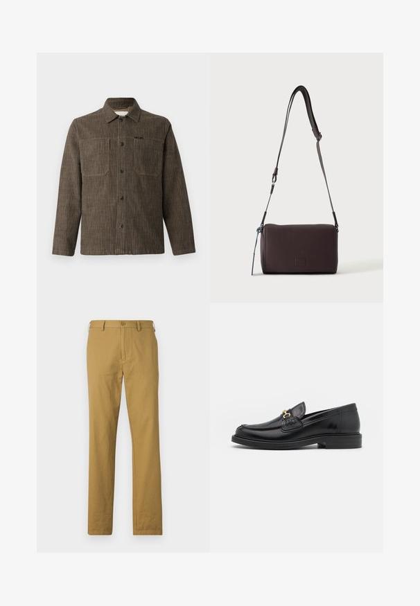 CLOSED WORKER SHIRT - Chemise - rock beige; Pantalon en coton beige à coupe droite, avec poches avant et fermeture à bouton. Texture lisse et design minimal, sans motifs visibles.; Mocassins en cuir noir avec un embout rond, présentant des accents en métal doré et des détails de couture, montés sur une semelle en caoutchouc texturé et basse.; Sac bandoulière en cuir marron foncé texturé avec une sangle réglable et un petit accent décoratif bleu sur le côté.