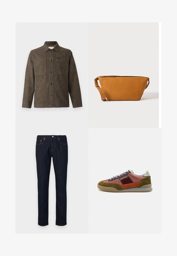 CLOSED WORKER SHIRT - Košeľa - rock beige; Tmavé džíny vyrobené z denimu so strihom rovného nohu, s kontrastným prešívaním, päťvreckovým dizajnom a gombíkovým zapínaním v páse.; PS Paul Smith DOVER - Tenisky - pink; Svetlohnedá kožená crossbody taška s nastaviteľným popruhom a zipsovým uzáverom, zobrazená na jednoduchom svetlom pozadí.
