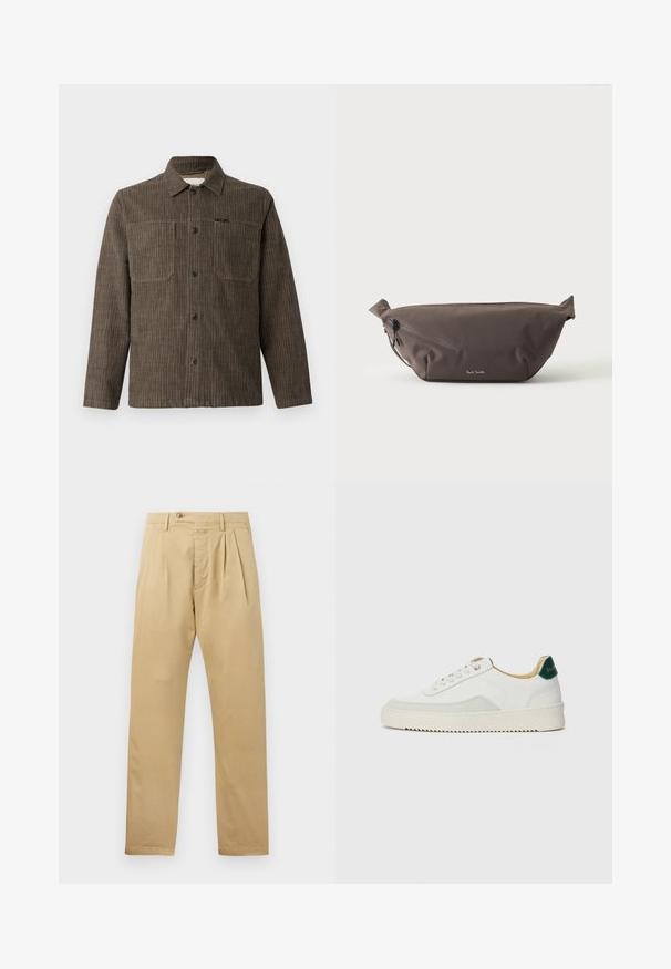 CLOSED WORKER SHIRT - Košeľa - rock beige; CLOSED BERGEN TAPERED - Nohavice chinos - beige; Biele tenisky s semišovými akcentmi, zaoblenou špičkou, plochými šnúrkami a krémovou gumovou podrážkou. Na päte sú zelené značky.; Tmavohnedá látková ľadvinka s diagonálnym zipsovým vreckom a malým bielym logom vpredu, na jednofarebnom svetlom pozadí.