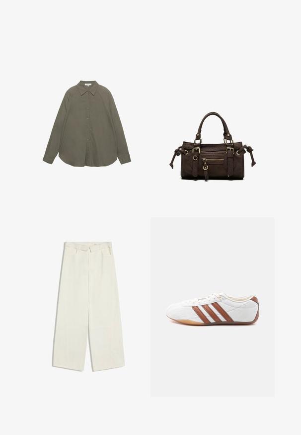 Chemise boutonnée à manches longues de couleur vert olive avec col pointu et manches retroussées, posée à plat sur un fond blanc.; Pantalon blanc à jambes larges et taille haute avec passants de ceinture, poches avant et fermeture avant dissimulée, étendu à plat sur fond blanc.; Baskets blanches basses avec des bandes en cuir marron, fermeture à lacets et semelle en caoutchouc gomme, vues de l'intérieur sur fond blanc.; Sac à main en cuir marron foncé avec double poignée, poche avant zippée, boucles décoratives et nœuds latéraux sur fond blanc.