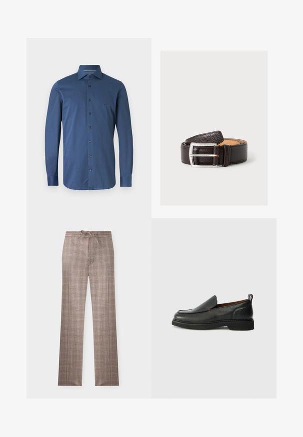 Chemise habillée pour homme à manches longues, à boutons, de couleur bleu foncé uni, avec un col pointu et une coupe ajustée.; Pantalon marron à carreaux à jambes droites avec taille à cordon, devant plat et motif à carreaux subtil sur fond blanc.; Chaussure slip-on en cuir noire avec un bout rond, un dessus texturé, des coutures rouges contrastantes et un petit talon. Présente une languette en boucle.; Ceinture en cuir texturé brun foncé roulée avec boucle rectangulaire en argent gravée de "Tiger of Sweden" sur un fond clair.