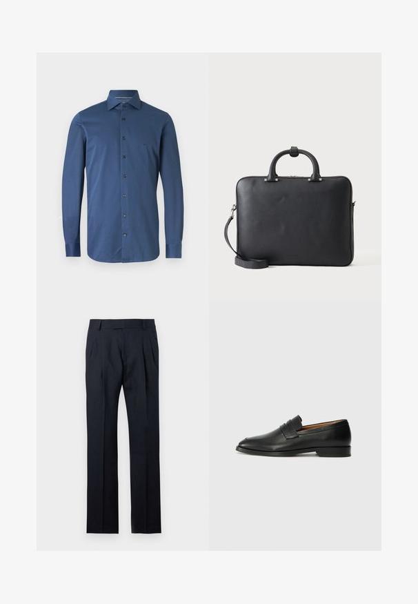 Chemise habillée pour homme à manches longues, à boutons, de couleur bleu foncé uni, avec un col pointu et une coupe ajustée.; Pantalon formel noir sur mesure avec passants pour ceinture, plis sur le devant et jambes droites, présenté sur un fond clair uni.; Mocassin en cuir noir avec un bout arrondi, des coutures subtiles et un talon bas, présentant une texture lisse et un design minimaliste.; Serviette en cuir noir avec doubles poignées et bandoulière amovible sur un fond clair uni.