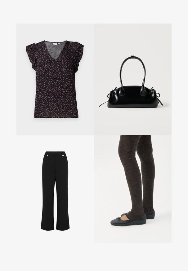 Blusa negra de manga corta con cuello en V y mangas con volantes, decorada con un patrón floral en tonos rosa y verde sobre un tejido texturizado.; Pantalones de pierna ancha negros con textura suave, que presentan una cintura alta, dos botones en tono dorado y un diseño ajustado. Sin bolsillos visibles.; Piernas con leggings oscuros acanalados combinados con bailarinas negras que presentan pequeños detalles de lazo sobre un fondo blanco.; Pequeño bolso negro brillante con dos asas largas y detalles de cordón lateral sobre un fondo claro liso.