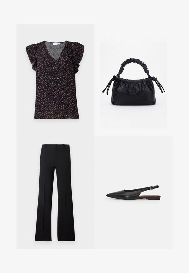 Blusa negra de manga corta con cuello en V y mangas con volantes, decorada con un patrón floral en tonos rosa y verde sobre un tejido texturizado.; Pantalones de campana negros con una textura suave, que presentan una cintura ajustada, lazos para cinturón y un diseño limpio que se extiende hasta un dobladillo amplio.; Zapato de cuero negro tipo slingback con punta afilada, ligero brillo y correa ajustable en el tobillo. Tacón plano con plantilla marrón.; Bolso negro con textura de cocodrilo, borde superior fruncido, asa recogida y cordones con borlas en cada lado sobre un fondo blanco.