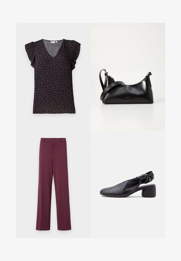 Blusa negra de manga corta con cuello en V y mangas con volantes, decorada con un patrón floral en tonos rosa y verde sobre un tejido texturizado.; Pantalones de pernera amplia en color burdeos, hechos de una tela suave. Cuentan con un cierre de botón y bolsillos clásicos. Diseño simple sin patrones ni acentos.; Zapato slingback de cuero negro con puntera redondeada, detalle de tira anudada y tacón bajo y grueso sobre fondo blanco.; Bolso de mano de cuero negro con una textura suave. Cuenta con una correa ajustable y un diseño elegante y minimalista con cierre de cremallera.