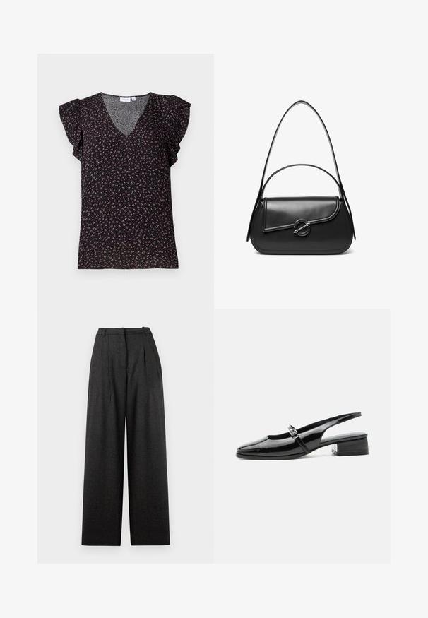 Blusa negra de manga corta con cuello en V y mangas con volantes, decorada con un patrón floral en tonos rosa y verde sobre un tejido texturizado.; Pantalones de pierna ancha en patrón de cuadros gris oscuro, con cintura alta, pliegues y un ajuste estructurado. Fabricados en tela texturada.; Zapato slingback de charol negro con tacón bajo y grueso y una fina correa con hebilla de plata en la parte superior.; Bolso de hombro de cuero negro con una solapa curva asegurada por un broche metálico redondo y una correa delgada y ajustable.