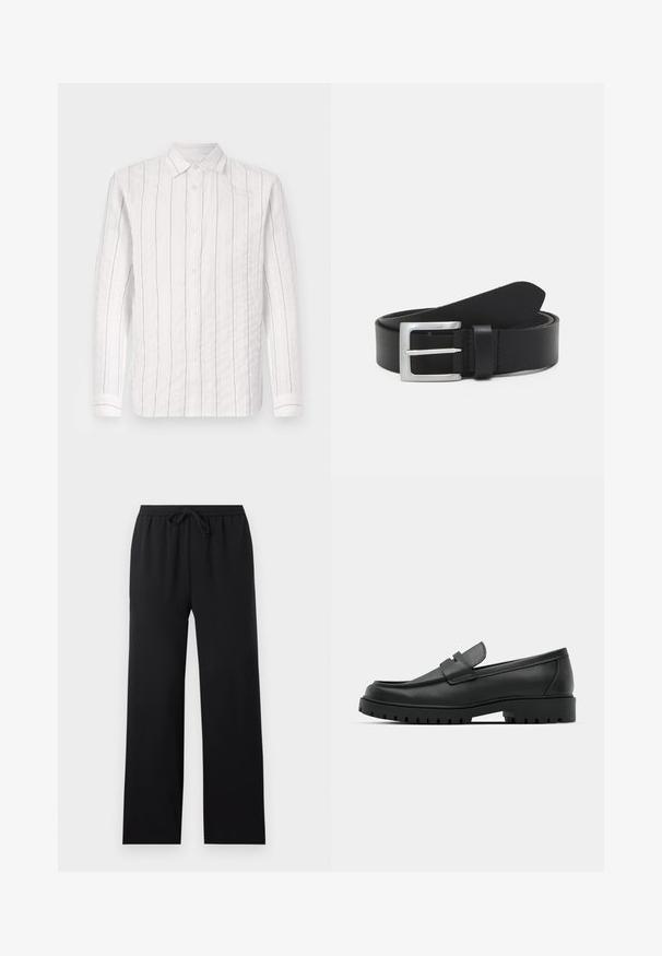 Witte button-up shirt van gestructureerde stof met dunne zwarte verticale strepen, een klassieke kraag en lange mouwen met knoopmanchetten.; Zwarte loszittende broek met elastische tailleband en vooraan trekkoord, rechte pijpen, eenvoudig ontwerp, weergegeven op een neutrale achtergrond.; Zwarte leren instappers met een ronde neus, voorzien van een gestikt ontwerp, een lage platformzool en een gestructureerde, grof rubberen buitenzool.; Zwarte leren riem met een gladde textuur, zilveren rechthoekige gesp en een lus voor het einde. Heeft nette stiksels langs de randen.