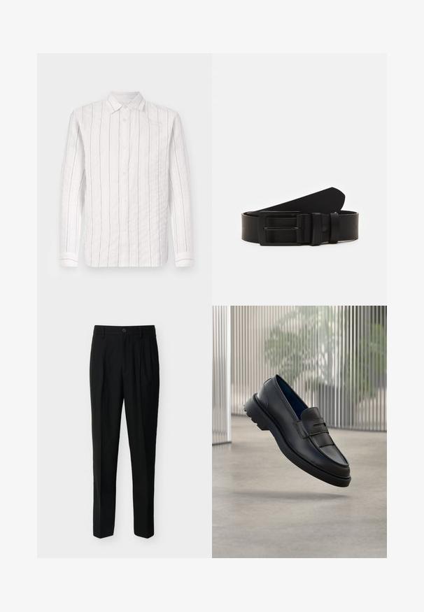 Witte button-up shirt van gestructureerde stof met dunne zwarte verticale strepen, een klassieke kraag en lange mouwen met knoopmanchetten.; Zwarte, op maat gemaakte, high-waist broek met riemlussen, plooien aan de voorkant, zijzakken en een knoop- en ritssluiting.; Zwarte leren loafers met een gladde afwerking, voorzien van een decoratieve band en een gestructureerd paneel aan de voorkant, en een rubberen zool met textuur.; Zwarte leren riem gerold met een matte zwarte rechthoekige metalen gesp en twee riemlussen op een witte achtergrond.