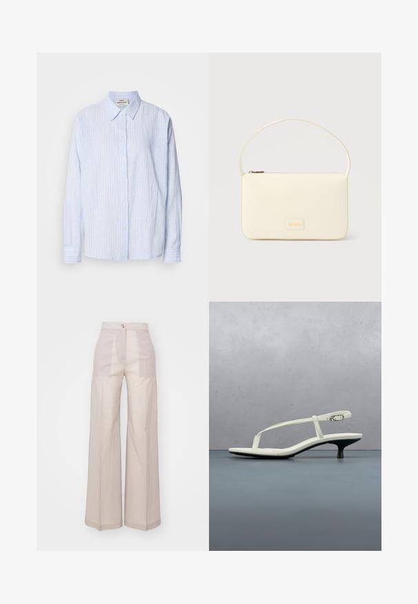Camisa de botón a rayas azul claro con cuello clásico, mangas largas y un ajuste relajado, con franjas verticales estrechas en colores contrastantes.; Pantalones de pierna ancha beige, hechos de una tela ligera tejida, con una cintura alta, cierre con un solo botón en la parte frontal y una textura sutil.; Sandalia blanca de tacón kitten con tiras y punta afilada, flotando sobre un suelo de baldosas de madera al aire libre, con un fondo desenfocado de plantas y pared.; Bolso rectangular color crema con una sola correa y cremallera superior, con una pequeña placa de logotipo en relieve en el frente.