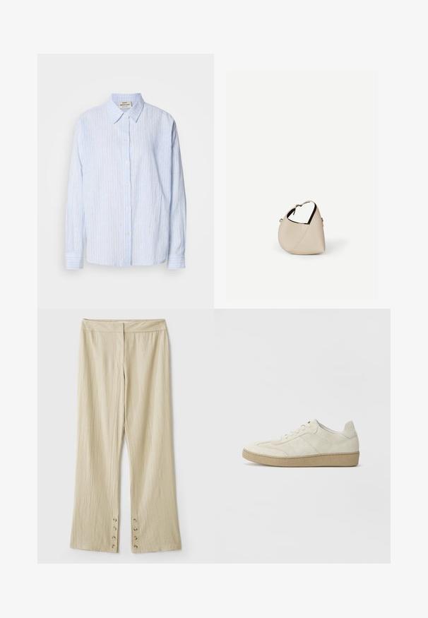 Lyseblå stribet button-up skjorte med klassisk krave, lange ærmer og en afslappet pasform, med smalle vertikale striber i kontrasterende farver.; Beige bukser med vidde i benene lavet af tekstureret stof, med en glat taljebånd og knappedetaljer ved kanten.; Beige ruskind sneakers med et struktureret design, flad gummisål og karakteristisk sidesyning. Rund tå og polstret krave.; Beige læder håndtaske i halvmåneform med en enkelt skulderrem og minimal syning, sat mod en ensartet hvid baggrund.