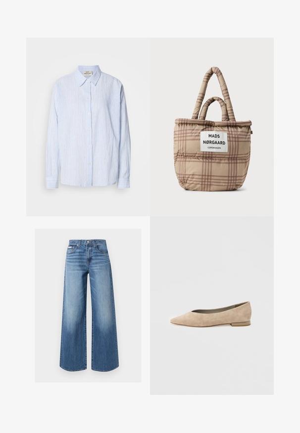 Lichtblauw gestreept overhemd met knoopsluiting, een klassieke kraag, lange mouwen en een ontspannen pasvorm, met smalle verticale strepen in contrasterende kleuren.; Blauwe wijde denim jeans met vooraan een knoop en rits, vijfzakkenmodel en subtiele vervaagde details op de dijen en knieën.; Beige suède damesschoen met platte zool, een puntige neus en een kleine hak, zijaanzicht op een lichte effen achtergrond.; Beige gewatteerde draagtas met een bruin geruit patroon. Voorzien van twee gevoerde handvatten en een wit label met "MADS NØRGAARD COPENHAGEN."