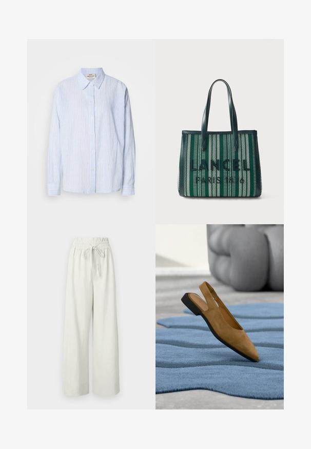 Lyseblå stribet button-up skjorte med klassisk krave, lange ærmer og en afslappet pasform, med smalle vertikale striber i kontrasterende farver.; Hvide højtaljede bukser med brede ben, elastisk talje og snøre, lavet af let stof.; Tan ruskind slingback flad sko med spids snude, der hviler på et struktureret blåt tæppe, med en sløret grå stenskulptur i baggrunden.; Grøn- og hvidstribet mulepose med mørkegrønne læderhåndtag og teksten "LANCEL PARIS 1876" på forsiden.