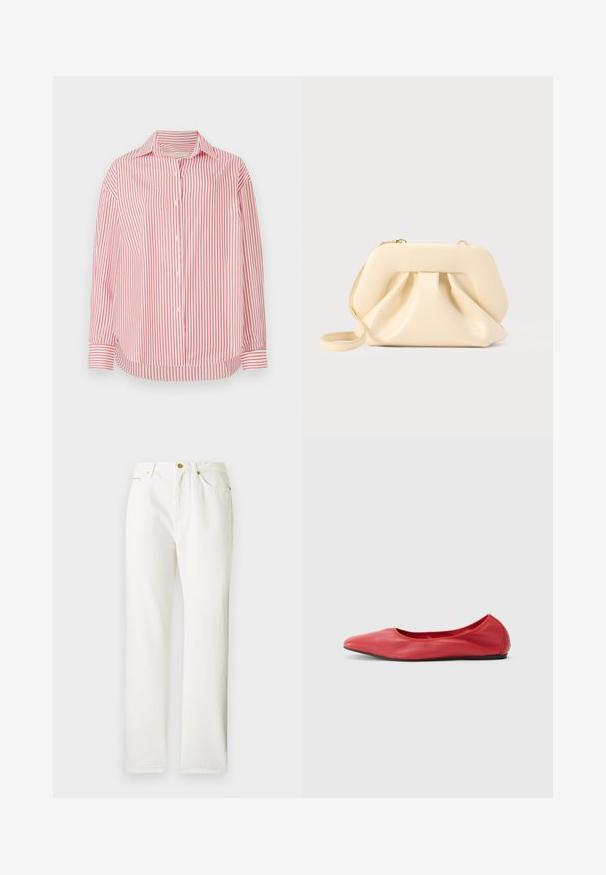 Rood en wit verticaal gestreept overhemd met een kraag, lange mouwen en een afgeronde zoom. Het materiaal lijkt glad en lichtgewicht.; Witte denim broek met een rechte pijpdesign, voorzien van een voorste knoopsluiting en subtiele textuur. Inclusief zijzakken en minimale hardware.; Filippa K REY FLATS - Ballerina's - bright red; Beige zachte leren clutch met gestructureerd frame en geplooid voorkantdetail, voorzien van een dunne polsriem en een gouden rits.