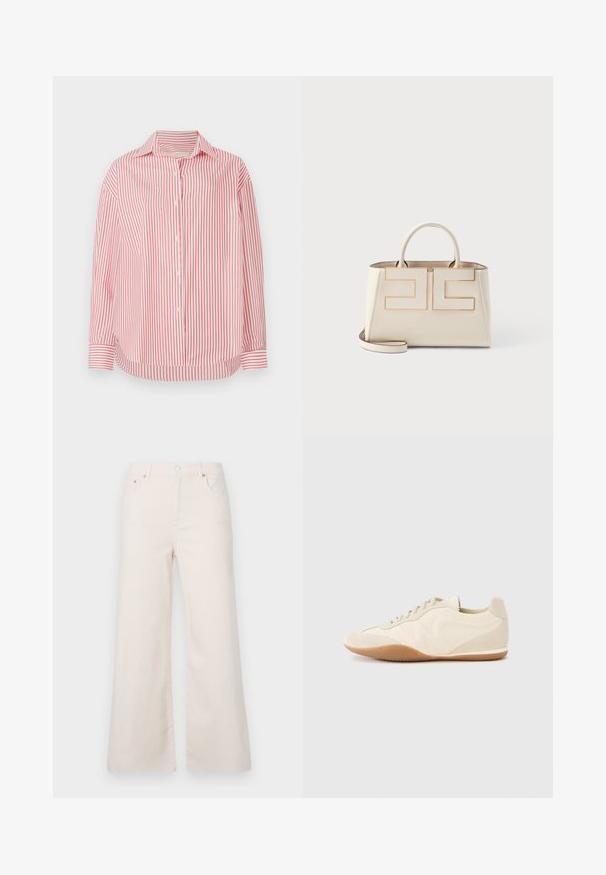 Rood en wit verticaal gestreept overhemd met een kraag, lange mouwen en een afgeronde zoom. Het materiaal lijkt glad en lichtgewicht.; Brede, lichtbeige denim broek met een hoge taille, vijf zakken en een sluiting met een knoop aan de voorkant. Soepele textuur, minimale stikdetails.; Lichtbeige sneakers met een textuur van leer op het bovenwerk, getextureerde zijpanelen en een rubberen zool. Voorzien van een slank, gestroomlijnd ontwerp en platte veters.; Crèmekleurige leren handtas met twee bovenhandvatten, een afneembare schouderriem en geometrische gouden accenten aan de voorkant.