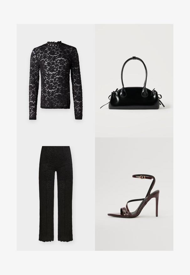 Top largo negro de manga larga de encaje transparente con estampado floral y un cuello alto con un pequeño volante.; Pantalones negros de tiro alto y pierna recta con superposición de encaje floral y dobladillos festoneados sobre un fondo blanco.; Sandalia de tacón alto de charol burdeos con tira en el tobillo, punta afilada y tres tiras horizontales en el pie. Detalle de hebilla en tono dorado.; Pequeño bolso negro brillante con dos asas largas y detalles de cordón lateral sobre un fondo claro liso.