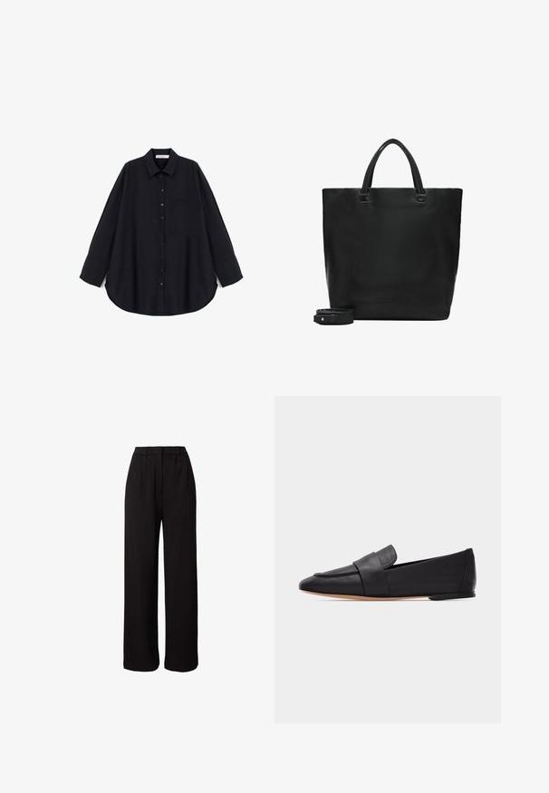 Zwarte button-up shirt van een textuurstof. Heeft een puntige kraag, lange mouwen, een borstzak en een gebogen zoom.; Zwarte wijde broek met een tailormade ontwerp, voorzien van plooien, een zachte textuur en een hoge tailleband voor een gestructureerde uitstraling.; Zwarte leren platte loafer met puntige neus, brede band aan de voorkant en lichtbruine zool, zijaanzicht tegen een witte achtergrond.; Zwarte leren tote bag met dubbele handvatten en een afneembare schouderriem die ernaast is opgerold, tegen een witte achtergrond.