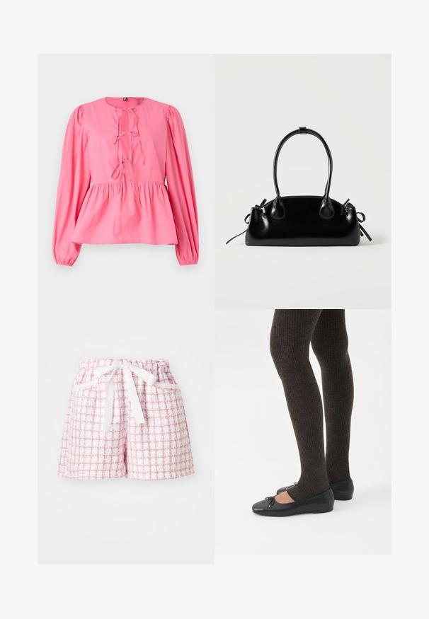 Blouse en coton rose avec un col rond, des manches longues bouffantes et un détail à nouer à l'avant. Présente une taille froncée et une coupe décontractée.; Shorts à carreaux blancs et roses avec un tissu texturé, dotés d'une taille élastique et d'un nœud attaché à l'avant. Deux poches latérales.; Jambes portant des leggings côtelés foncés associés à des ballerines noires avec de petits détails en nœud sur fond blanc.; Petit sac à main noir brillant avec deux longues anses et des détails à cordon sur les côtés sur un fond clair uni.
