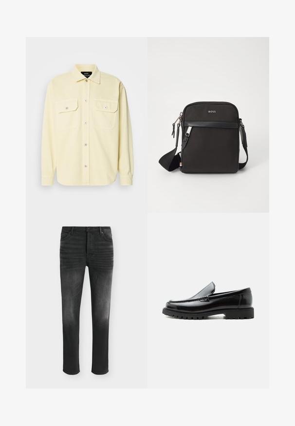 Lys gul, langærmet skjorte lavet af blødt stof, med knaplukning foran, to brystlommer og sølvknapper som detalje.; Sorte skinny-fit jeans med falmede detaljer, fem-lomme-stil og knaplukning i taljen.; Sort læderloafer med chunky gummisål, syet overdel og præget mærkenavn på hælen, vist i sideprofil på hvid baggrund.; Sort crossbody taske med et struktureret stof, logo på fronten, lynlås lukning og justerbar rem. Har en glat læderkant.
