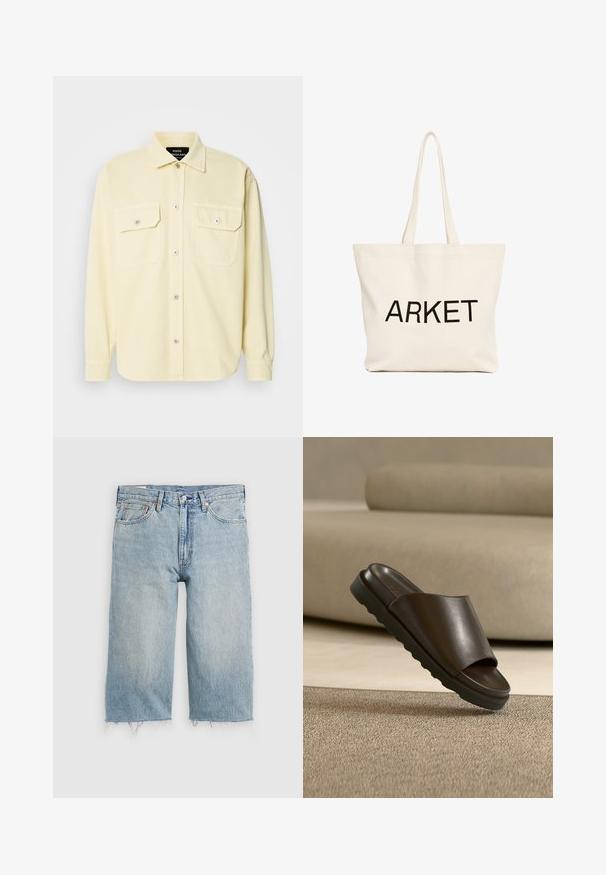 Lichtgele, langemouwen shirt van zacht materiaal, met een knopenfront, twee borstzakken en zilveren knopen voor detail.; Lichtblauwe spijkerbroekshorts met een rechte snit, rafelige zoom, vijf-pocket ontwerp en een knoopsluiting in de taille.; Donkerbruine leren slidesandaal met dikke zool op een beige tapijt voor een gebogen beige bank.; Beige canvas boodschappentas met lange hengsels en zwarte "ARKET" tekst gedrukt op de voorkant.
