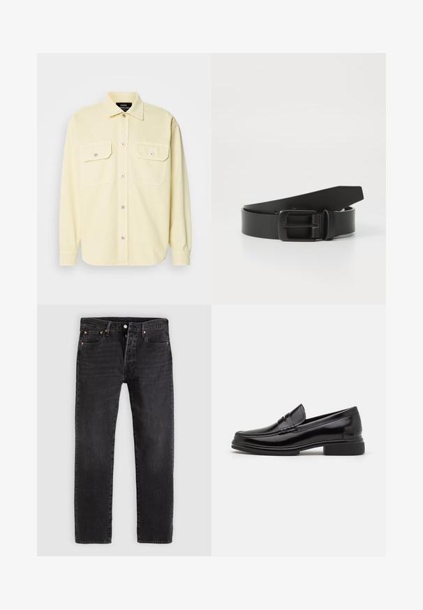 Helles gelbes Langarmhemd aus weichem Stoff, mit Knopfverschluss vorne, zwei Brusttaschen und silbernen Knöpfen als Detail.; Schwarze Denim-Jeans mit geradem Schnitt, ausgestattet mit zwei Fronttaschen, einer Münztasche und Metallnieten. Klassisches Fünf-Taschen-Design.; Schwarze Lederloafers mit runder Zehenform, ausgestattet mit einer genähten Detail über dem Vorderschaft und einem niedrigen Blockabsatz. Glatte Textur und glänzende Oberfläche.; Schwarzer Leder Gürtel mit einer mattschwarzen Metallschließe, ausgestattet mit einer glatten Textur und einfachem Design. Verstellbare Länge mit zulaufendem Ende.