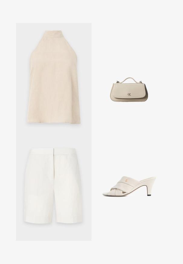 Haut halter beige, sans manches, en tissu doux avec une texture lisse, col montant et silhouette évasée. Style minimaliste.; Shorts en coton blancs avec une coupe droite, un devant plat et une texture subtile. Ils présentent une taille et pas de poches visibles. Design simple.; Mules à talons hauts beiges avec un design de bride en cuir torsadé, bout ouvert et motif de logo en relief. Le talon présente un détail d'embout noir.; Petit sac à main en cuir beige avec poignée supérieure et logo CK argenté sur le rabat avant, présenté sur fond blanc.