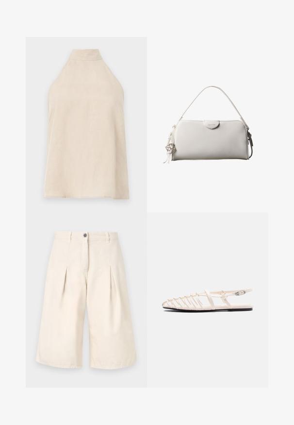 Haut halter beige, sans manches, en tissu doux avec une texture lisse, col montant et silhouette évasée. Style minimaliste.; Shorts plissés beiges en coton. Dotés d'une fermeture à bouton et de jambes larges. Texture lisse avec des détails de couture soignés.; Sandale beige plate avec plusieurs fines lanières, boucle à la cheville et semelle noire vue de côté sur fond blanc.; Sac à main rectangulaire blanc Calvin Klein avec une seule poignée, design minimaliste et pampilles décoratives avec un charm métallique géométrique sur le côté.