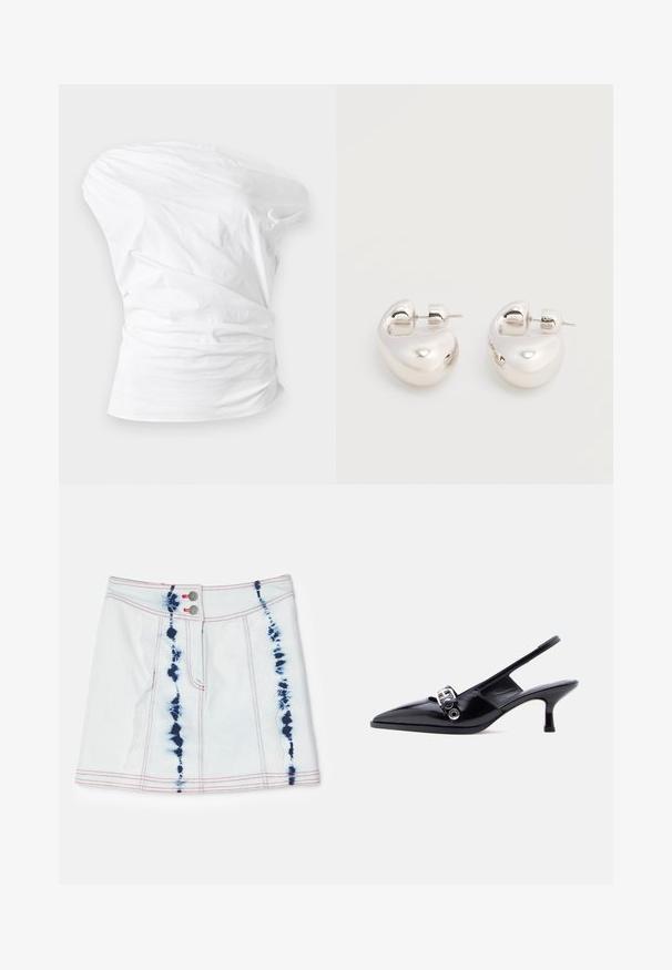 Haut bustier blanc froncé avec détails plissés et taille cintrée sur fond clair.; Jupe en denim mini en bleu clair avec des motifs tie-dye en bleu foncé. Équipée de coutures rouges et de deux boutons à l'avant. Longueur courte avec une coupe ajustée.; Chaussure à talon bas en cuir verni noir avec bride arrière, bout pointu et détail boucle argentée sur fond blanc uni.; Paire de boucles d'oreilles argentées brillantes et épaisses avec fermoirs à tige, sur fond blanc uni.