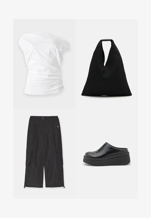 Haut bustier blanc froncé avec détails plissés et taille cintrée sur fond clair.; Des pantalons cargo noirs en tissu léger, dotés de poches latérales, d'un ourlet réglable à cordon de serrage et d'une fermeture à bouton.; Sabots à plateforme noirs brillants avec un orteil arrondi, un dessus arrondi et des coutures blanches contrastantes le long du bord de la semelle.; Sac fourre-tout en tissu noir avec un design en V unique et une texture lisse. Doté d'une courte poignée avec un détail matériel minimaliste.