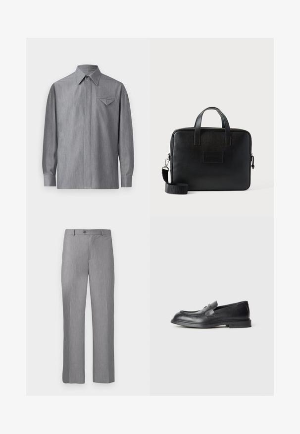 Chemise grise à boutonner avec des manches longues, un col pointu et une poche sur la poitrine gauche avec un détail de rabat triangulaire. Texture lisse.; Pantalons habillés gris sur mesure avec passants de ceinture, bouton frontal et braguette zippée, dotés d'une coupe droite.; Mocassins en cuir noir avec une finition texturée, dotés d'une bride décorative à l'avant et d'un bout arrondi. Semelle en caoutchouc pour plus de durabilité.; Sacoche d'ordinateur portable en cuir noir avec deux poignées supérieures, une bandoulière amovible, une surface texturée et une forme rectangulaire. Patch logo embossé visible.