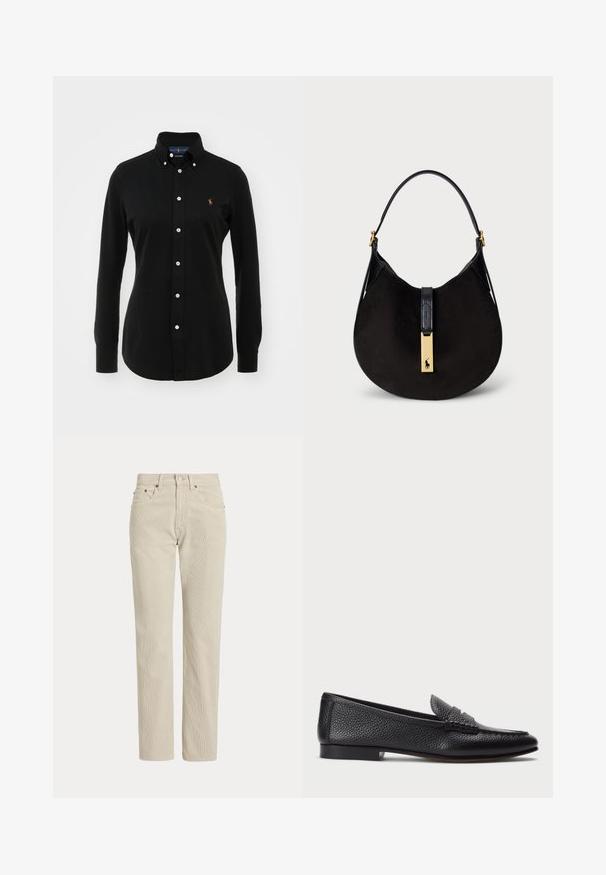 Schwarzes Langarmhemd aus Baumwolle mit Button-Down-Kragen, ausgestattet mit weißen Knöpfen und einem kleinen gestickten Logo auf der Brust.; Beige Cordhose mit geradem Bein, Gürtelschlaufen, Vorderknopf, Reißverschluss und Fronttaschen.; Schwarze Lederloafers mit strukturiertem Finish, ausgestattet mit einem dekorativen Riemen und flachem Absatz. Schlankes, minimales Design mit abgerundeter Spitze.; Schwarze Wildleder-Schultertasche mit einer geschwungenen Form, einem glatten schwarzen Ledertrageriemen und einem goldfarbenen Hardware-Akzent mit einem Logodetail.