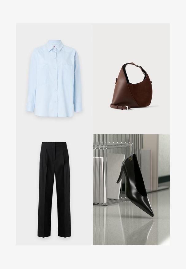 Helles blaues Hemd mit langen Ärmeln, zwei vorderen Taschen und einem Kragen. Hat eine solide Textur und ärmelspezifische Knopfdetails.; Schwarze Hose aus gewebtem Stoff, mit einem maßgeschneiderten Design, Falten, geradem Bein und flachem Bund. Strapazierfähige und glatte Textur.; Schwarzer High-Heel-Schuh mit spitzer Zehe und goldem Logo, auf einer reflektierenden Oberfläche nahe einem verchromten Draht-Organizer mit Dokumenten positioniert.; Braune Schultertasche aus Leder und Wildleder mit geschwungener Form, verstellbarem Riemen und silberner Schnalle auf hellem, einfarbigem Hintergrund.