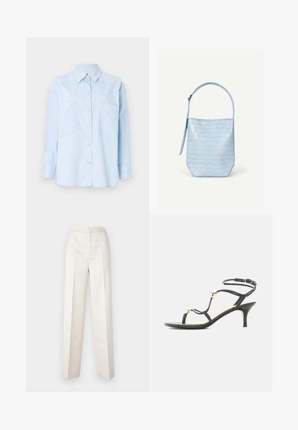 Camisa de botones azul claro con mangas largas, dos bolsillos frontales y cuello. Presenta una textura lisa y acentos de puños abotonados.; Pantalones color crema con un corte ajustado, que presentan una pierna recta, tejido suave, pliegues frontales y un dobladillo limpio. Diseño minimalista.; Sandalia negra con tiras, tacón medio, cuentas doradas de acento y una correa en el tobillo con hebilla sobre fondo blanco.; Bolso de mano azul claro con textura de cocodrilo, forma rectangular, asa superior única y una correa colgante lateral sobre un fondo blanco liso.
