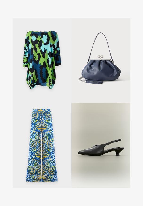 Loszittend topje met een levendig abstract patroon in groen, blauw en zwart. Gemaakt van lichtgewicht stof met driekwartmouwen en een ronde halslijn.; Wijde broek met een levendig abstract patroon in blauw, geel en wit, met een symmetrisch, golvend ontwerp op een lichte achtergrond.; Zwarte leren slingback schoen met puntige neus en lage kittenhak op een neutrale achtergrond.; Zachte navyblauwe leren handtas met zilveren sluiting, enkele schouderband en afneembare ketting polsband op witte achtergrond.