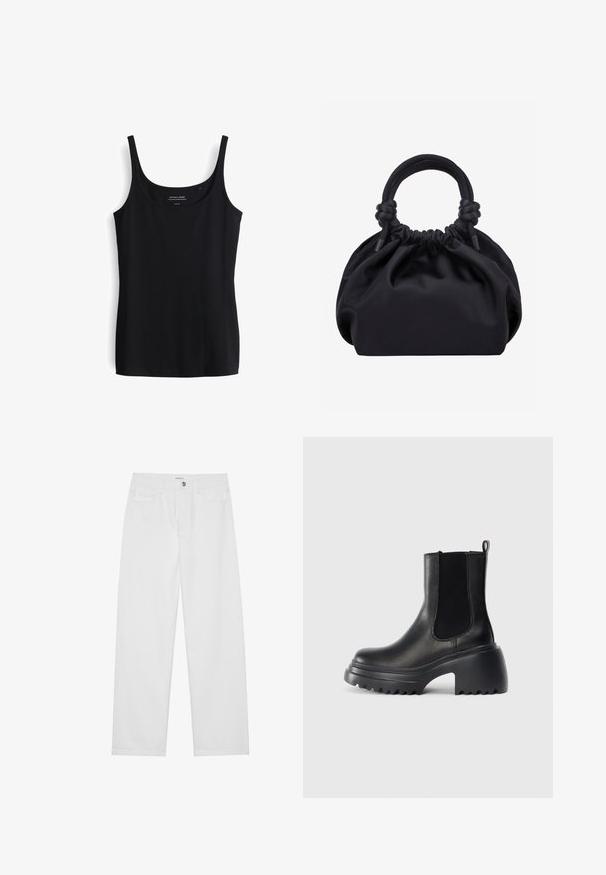 Schwarzes Tanktop mit dünnen Trägern, aus weichem, dehnbarem Material. Hat ein einfaches, enganliegendes Design und einen runden Ausschnitt.; Weiße Denim-Hosen mit lockerer Passform, Knopfverschluss, Front- und Gesäßtaschen sowie geradem Bein-Design. Flache Textur und keine Muster.; Schwarze Leder-Stiefeletten mit elastischen Seitenpaneelen, dickem, klobigem Absatz und strukturierten Rutschfestigkeiten an der Sohle. Minimalistisches Design.; Schwarze weiche Stoffhandtasche mit gerafftem oberen Teil und abgerundeten, am Ansatz verknoteten Griffen, vor einem schlichten hellen Hintergrund.