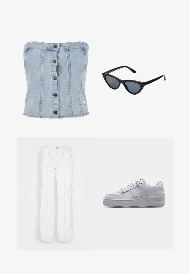 Karl Kani Blouse - light blue; BDG Urban Outfitters Jean boyfriend - white; Basket en cuir lisse gris Nike Air Force 1 avec un bout perforé, une semelle épaisse et un détail 'AIR' en relief sur le talon.; Lunettes de soleil noires en forme d'œil de chat avec des verres gris foncé, monture en plastique élégante, coins pointus et branches droites. Pas de métal visible ni d'accents.