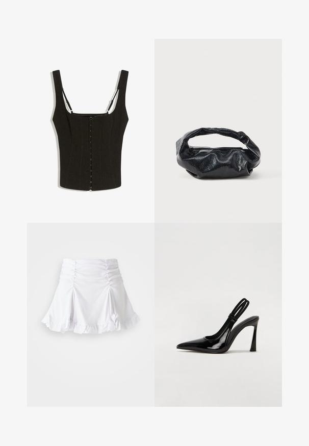 Haut noir ajusté sans manches avec larges bretelles, fermeture devant à agrafes, et fines bretelles réglables sur fond blanc.; Jupe blanche en tissu texturé avec des détails froncés et un ourlet volanté. Présente un design évasé avec une taille ajustée.; Escarpin en cuir verni noir à talon aiguille, à bout pointu, avec une sangle élastique double pour un maintien sécurisé. Surface lisse et brillante.; Sac noir en matériau texturé et brillant avec une poignée circulaire torsadée et une fermeture éclair. Présente un design doux et froissé.