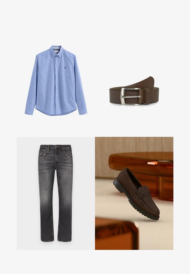 Lyseblå skjorte med lange ærmer, spredt krave og et lille navy hummeremblem på venstre bryst. Glat stof, skræddersyet pasform.; Mænds lige mørkegrå denimjeans med let falmning og klassisk fem-lomme-design mod en hvid baggrund.; Mørkebrune loafers i ruskind med kraftig sort sål, vist over beige tæppe og ved gennemsigtig ravfarvet møbel.; Brun læderbælte med en slank sølvspænde. Remmen er bred med en glat tekstur og har en enkelt løkke nær spænde.