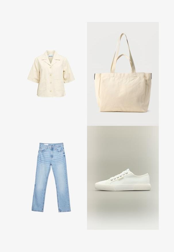 Veste beige à manches courtes avec boutons, deux poches devant et un col, étiquetée ".OBJECT" à l'intérieur de l'encolure.; Jean en denim bleu clair à jambes droites avec poches avant, passants de ceinture et fermeture par bouton et zip, présenté à plat sur fond blanc.; Baskets basses blanches en toile avec semelle en caoutchouc texturée, lacets blancs et petite étiquette Calvin Klein sur le côté.; Sac fourre-tout en toile beige avec deux paires de poignées, design simple, et marquage discret en relief "SAMSOE SAMSOE" sur le devant.