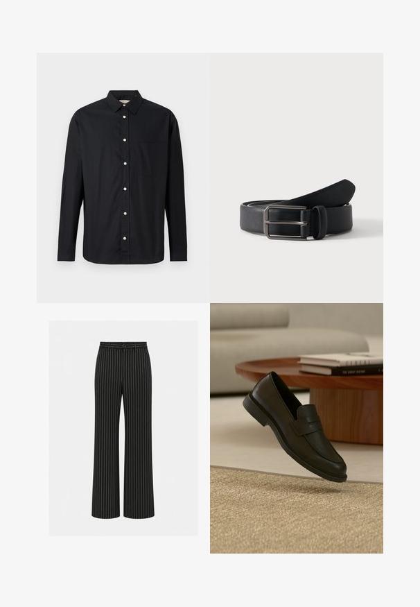 Schwarzes Langarm-Hemd mit Knöpfen, Kragen und Brusttasche, auf einem hellen Hintergrund präsentiert.; Schwarze Hose mit weitem Bein und weißen vertikalen Nadelstreifen, Knopf und Gürtelschlaufen an der Taille.; Schwarzer Lederloafer-Schuh schwebt über einem beige gewebten Teppich, mit einem Holztisch und gestapelten Büchern in einem sanft beleuchteten Wohnzimmer.; Schwarzer Ledergürtel, zusammengerollt mit rechteckiger silberner Metallschnalle auf schlicht hellem Hintergrund.