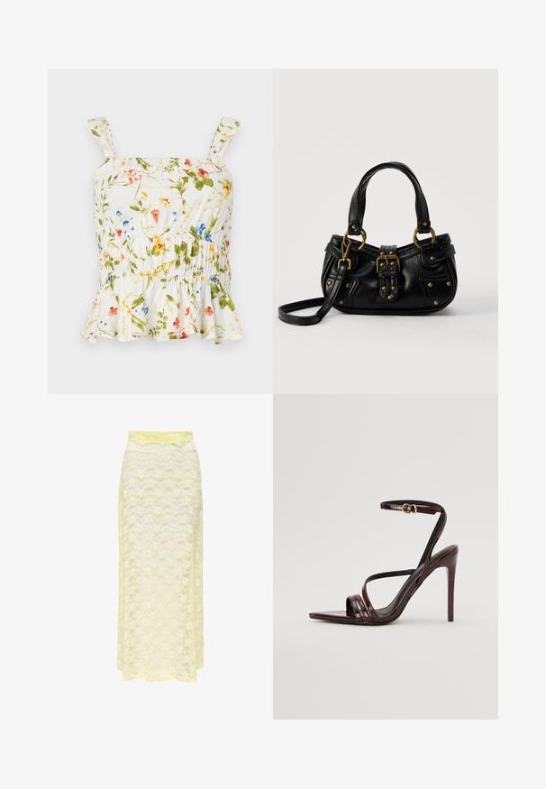 Top à imprimé floral sur fond blanc. Présente un ourlet volanté, des bretelles réglables et un corsage smocké pour un design ajusté.; Jupe maxi en dentelle jaune avec un motif ondulé, dotée d'une taille lisse et d'une texture douce et transparente. Conçue pour une silhouette fluide.; Sandale à talons hauts en cuir verni bourgogne avec une bride de cheville, bout pointu et trois bandes horizontales sur le pied. Détail de boucle dorée.; Sac à main en cuir noir avec boucle dorée et détails à rivets, poignées courtes et bandoulière réglable sur fond blanc uni.