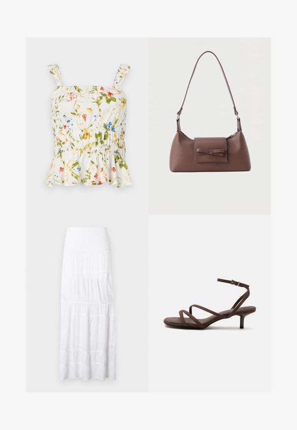 Top à imprimé floral sur fond blanc. Présente un ourlet volanté, des bretelles réglables et un corsage smocké pour un design ajusté.; Jupe maxi blanche à volants, réalisée en tissu léger. Elle présente une ceinture élastique et une texture subtile avec des coutures horizontales.; Sandale marron à talons hauts avec fines lanières croisées et bride de cheville avec boucle argentée sur fond blanc.; Sac à bandoulière en cuir marron avec une poche à rabat avant ornée d'un détail en forme de nœud cousu et une sangle réglable.