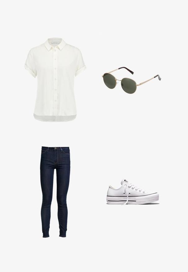 Blouse blanche à manches courtes en tissu léger, avec un devant à boutons, un col et des poignets retroussés, ainsi qu'un ourlet légèrement arrondi.; Jean skinny bleu foncé en denim, avec une taille mi-haute, un design classique à 5 poches et des détails de coutures contrastées.; Baskets basses en toile blanche avec lacets blancs, semelle en caoutchouc, détails à rayures noires, et écusson logo sur la languette et le talon.; Lunettes de soleil rondes avec des montures en métal doré et des verres vert foncé. Les branches présentent un design écaille de tortue pour un détail supplémentaire.