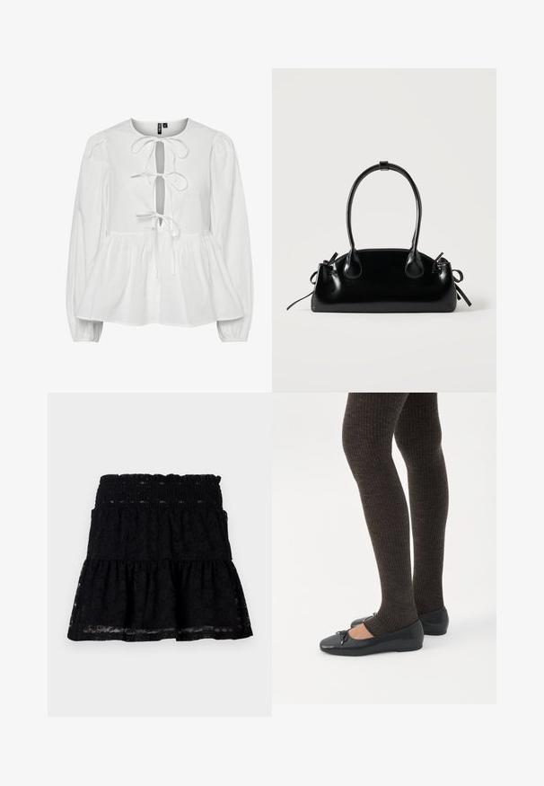 Witte blouse met lange pofmouwen, een ronde hals en een keyhole voorkant met een striksluiting. Gedeeltelijke taille met een uitlopende zoom.; Zwarte kanten rok met een elastische tailleband. Heeft een uitlopende, gelaagde stijl en een doorschijnende textuur, wat een gelaagde uitstraling creëert.; Benen met donkere geribbelde leggings gecombineerd met zwarte ballerina's met kleine strikdetails op een witte achtergrond.; Kleine zwarte glanzende handtas met twee lange hengsels en zijkant trekkoord details op een effen lichte achtergrond.